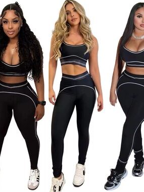 Women's Black High-Waist Active Leggings with White Piping